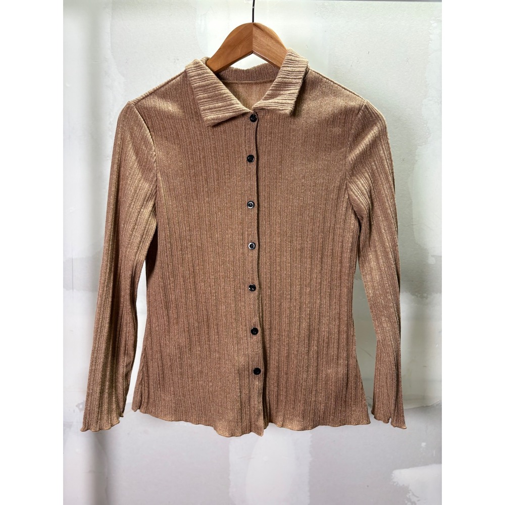 SHEIN Curve 0XL Rose Gold Metallic Ribbed Button Front Long Sleeve‎ Top Shimmer